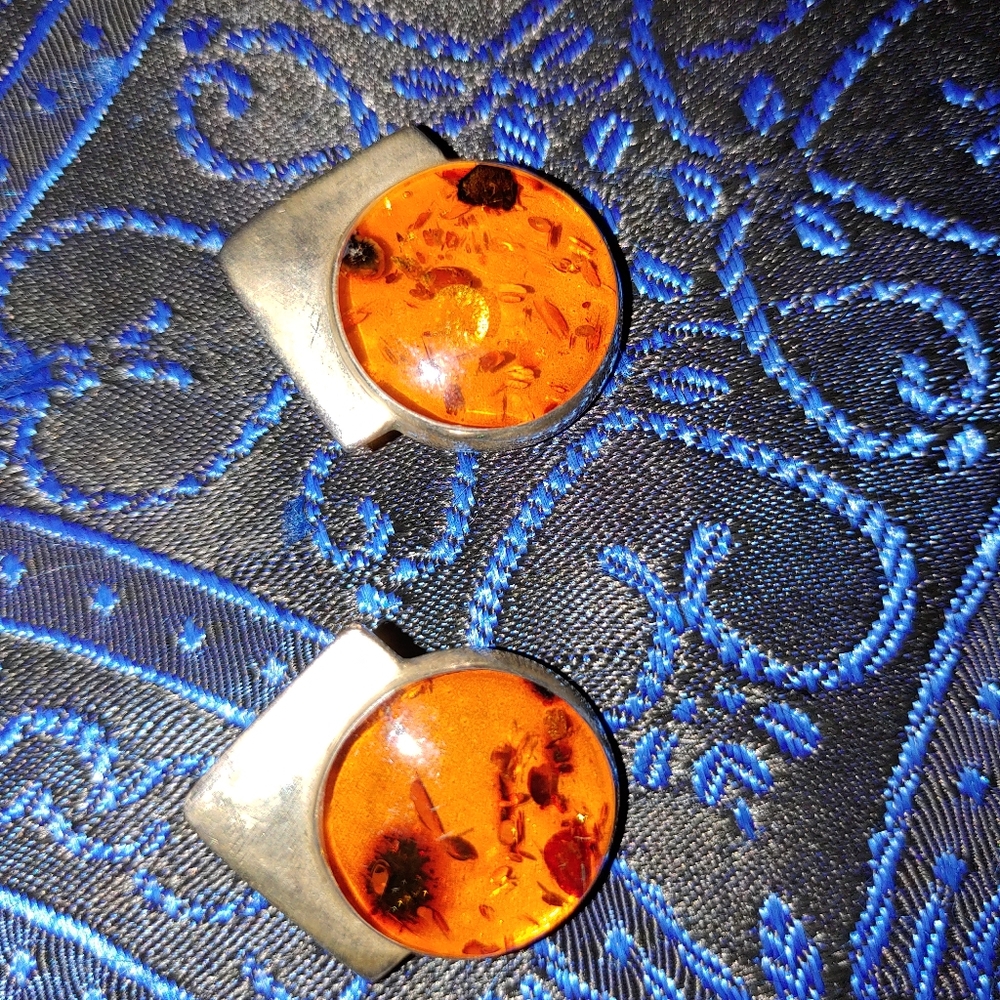 Amber Clips on Sterling Silver Plate # Vintage